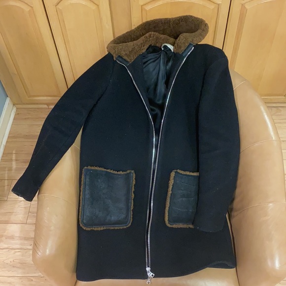 Sandro Wool Jacket w/ Shearling Hood - Picture 2 of 5